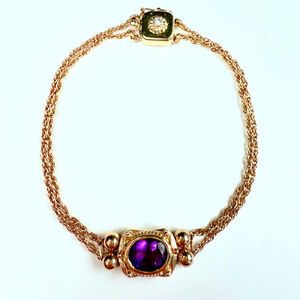Estate 14K Gold Art Deco Revival Amethyst & Diamond Solitaire Vintage Bracelet